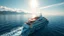 Placeholder: Please create a vivid and detailed scene depicting a luxurious ship sailing on the open sea, with stunning mountains visible in the distance. On the deck of the ship, there should be a professional diving board Please structure the output in a na