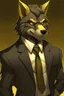 Placeholder: Buff, anthro, wolf, himbo, black fur, gold eyes, wearing a suit