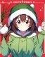 Placeholder: Girl with short brown hair, red eyes, green sweatshirt with a horizontal yellow stripe, he is wearing a Christmas hat, and in the background there are trees in the cold winter with lots of snow, Anime Hq style