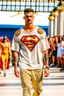 Placeholder: A guy on a fashion runway with Kryptonian Superman street wear all embroidery Clothes in neutral colors