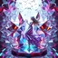 Placeholder: very complex structure ,pretty viberating color environment 3d metalic and crystal recursive animating beveled geometric base very complex structure emiting mirror bubbles that broke, goddess of love in a pretty cleric dress comes out dancing gracefully , viberating color moving very in modern city escape environment while camera tracking it.
