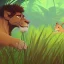 Placeholder: picture for children's book showing a cute lion behind tall grass in the jungle