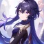 Placeholder: Clear focus,High resolution,High quality, Genshin, Smiling, Eyes closed, Black long hair flowing with the wind, Purple eyes