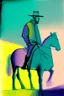 Placeholder: Man on horseback in the style of Paul Klee, Degas, pastel chalk with thin sketchy lines, vibrant colours, ink transfer