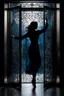 Placeholder: front of is the glass door, a dark silhouette of a dancing woman behind the glass door , front of it is the glass door, high quality, highly detailed, stunning, high realistic picture, impressive, sharp focus, perfect body, perfect shot, professional photo