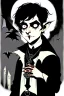 Placeholder: black haired black eyed young man necromancer goth hobbit with gothic jewelry and pet black bat in the style of Charles Addams