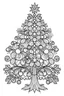 Placeholder: Simple drawing of beautifully decorated Cahristmas tree with ornaments, lights, and a shining star on top for coloring book