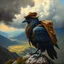 Placeholder: oil painting in titian style, air is charged with magic around huge storm proud pigeon crow bird carrying backpack, wearing hunters hat, with wings and beard and hair is full of feathers above holy valley, seen from above