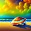 Placeholder: conchas y cangrejos en la orilla de la playa, con nubes de colores, pájaros, barcas, con estilo de Van Gogh 4k