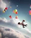 Placeholder: Ultra realistic speed clouds sky scene, wide angle view, strong men falling down with many Childs background, circus dress style, feather color, free jumping flying, many trinkets, hair monster, many jelly beans, balls, color smoke, smile, happy, extreme, wind, clouds sea, 20,000 feet altitude, stratosphere, soft color, highly detailed, unreal engine 5, ray tracing, RTX, lumen lighting, ultra detail, volumetric lighting, 3d, finely drawn, high definition, high resolution.