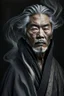 Placeholder: a photo of an Asian man with ethnic jewelry, grey hair and grey flowing robe, in style of Annie Leibovitz, contemporary portrait of a mature yet beautiful and modernist man, black and grey, detailed masculine face, swirling fluid smokey enigma, award-winning artwork