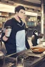 Placeholder: young woman talk to a penguin in coffee-shop