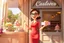 Placeholder: 3D video game character elegant young woman enthusiastically and cheerfully comes out of a dessert store, cake box in her hand, in the window cakes, cookies, macarons and flowers in sunshine