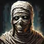 Placeholder: A mummy with glowing white eyes covered in rotting bandages, in spray-paint art style