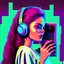 Placeholder: synthwave style girl listening to music on a walkman in her bedroom in the 80s