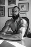 Placeholder: photorealistic full figure shot photography of an ugly 30 year old italian boxer with big broken nose, very long muslim black beard, shirtless, big shoulders, side light, ambient occlusion, sitting on a table in a modern dining room at home, sun from window, emotive expression,