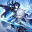 Placeholder: Genshin woman, Clear Focus High resolution, Calm Background, Light skinned woman, Black long beatiful hair, Dark blue sparkling eyes, Very Beatiful Face, Splash art, Battle Scene Epic