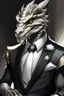 Placeholder: A silver Dragonborn from dnd wearing a tuxedo