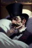 Placeholder: Strahd von Zarovich with a handlebar mustache wearing a top hat and t laying in bed and blowing a kiss