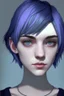 Placeholder: Realistic female teenager with pale skin, big grey eyes, blue and purple short hair, angular facial features, round face, prominent collarbones, black clothing