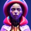 Placeholder: Spanish woman, rounded face, purpurin made up, red, blue, pink, latex coat, leather, soft color, highly detailed, art stations, concept art, smooth, unreal engine 5, god rays, ray tracing, RTX, lumen lighting, ultra detail, volumetric lighting, 3d, finely drawn, high definition, high resolution, neon background.