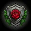 Placeholder: Create an elegant shield logo with a red rose in the middle with falling rose petals. The shield may have green accents.