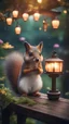 Placeholder: magazine cover with black border, adjust hue for evening, close up portrait of ninja fox squirrel by lake on dark wooden bridge couple with strange cute huge eyes from a tree house in wonderful enchanted magical forest with amazing variety of plants and flowers and garden lanterns,bokeh like f/0.8, tilt-shift lens 8k, high detail, smooth render, down-light, unreal engine, prize winning