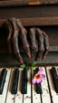 Placeholder: Ugly , Evil rusted hands on an old piano keyboard with flower on the keyboard