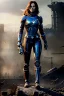 Placeholder: ultrarealistic, ruined city,__mass effect armor__, __angles__, 19 year old woman, strikingly beautiful, ginger hair, silver colour, [__starlets__|__starlets__], (pale __skincolor__ skin:1.2), __camera__, _hair_, detailed face and eyes, c-cup breasts, leather choker, freckles, dynamic pose, resolved expression, __accessory__, strappy outfit, (straps:1.1), sword in scabard on left hip, (buckles, buttons, snaps, rings:1.0), haltertop style breastplate, detailed eyes, plump lips, sci-fi theme