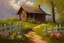 Placeholder: Clouds, cabin, spring trees, little pathway, fence, flowers, john singer sangent impressionisn painting