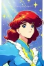 Placeholder: 1girl, retro anime, 80's, redhead,Portrait of beautiful woman, sparkling dark blue eyes,