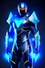 Placeholder: neon blue, floating triangle of light orbiting behind the back, cyber armor, geometric patterns on armor, male, orbiting triangle