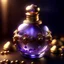 Placeholder: Golden round perfume bottle with purple crystal cap and small purple decorations. Illustrative art, art interpretation, concept art, cgsociety contest winner, seasonal art, seasonal art HD, 4k, 8k, intricate, detailed, intricately detailed, luminous, translucent fantasy crystal, holographic data, soft body, shadow play, light, fog, atmospheric, cinematic, light film, hyper-detailed, hyper-realistic, masterpiece, atmospheric, high resolution, 8k, HDR, 500px, mysterious and artistic digital art, p