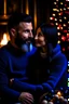 Placeholder: Fire place Christmas scene, dark haired couple, man with short black beard, blue eyes, cozy, young couple, high definition