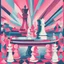Placeholder: Craft a visually striking 1950s-inspired illustration featuring a symmetrical chessboard battle, with a playful palette of pink and blue and a plain background