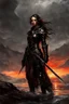 Placeholder: A formidable warrior girl in black armor, on the background Amazing gloomy landscape, flooded with sunset, mountains, trees, fabulous scary hero, , juicy emotions, painting, dark fantasy, bad weather, gloomy day, dark world, by Raymond Swanland & Alyssa Monks & Anna Razumovskaya & James Paick