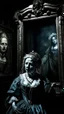 Placeholder: Woman in a dark room in a delusional state haunted by ghostly images, paint it in the baroque style, as if the woman is horrified