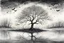 Placeholder: Illustration of a lonely dark tree with barren branches stands on a water's edge, reflected in the water, fog, crows in the sky, timelessness and dying, mystical landscape, pencil drawing