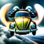 Placeholder: a high definition screen shot of a jet-fighter vw-beetle, retrofuturistic, phototrealism, in flight, one subject, should have wings with atleast one exposed jet on each wint or one coming throught thr front and center of the vehicle.