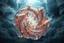 Placeholder: Dynamic complex hypnotic fractal 3D structures twisting and morphing between organic and geometric forms with Symmetry, smooth translucent iridescent glass with inner glow and bubbles, varied transparent materials, stormy skies, intense dramatic