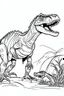 Placeholder: create a coloring page Show a juvenile T-Rex practicing its hunting skills under the watchful eye of its parent. This can involve chasing after smaller dinosaurs or scavenging for food.ink drawing clipart, simple line illustrations, colored