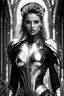 Placeholder: Generate an 16k image of a futuristic Hollywood superstar with android features, inspired by Luis Royo's art, wearing a metallic exosuit.In black and white,