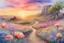 Placeholder: Amazing Sunset, flowers, countryside, rocky land, mountains, epic, sci-fi, fantasy, watercolor paintings