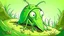 Placeholder: fantasy cartoon style illustration: sad green grasshopper hopped out of his burrow