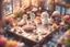 Placeholder: top view of a miniature restaurant scene with cute chibi anime kitten guests and waiters, meal, flowers S<AI in sunshine, photorealistic, 3D, ethereal, cinematic postprocessing, bokeh, dof