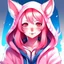 Placeholder: kitsune girl anime pink hair blue eyes and white hoodie