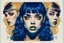 Placeholder: poster in two gradually, a one side the Singer Danish MØ face illustration by <Yoji Shinkawa> and other side the Singer Melanie Martinez face illustration by <John Kenn Mortensen>, symmetry, darkblue and gold tones,