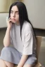 Placeholder: Billie Eilish, sitting on a chair, Black Short Dress, high detail, realistic, 8k