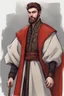 Placeholder: man, age 20, medieval, fighter, russian, croocked nose, czar, rich, simple clothes, short messy hair, thick beard, oligarch, leather coat with fur, brocade clothes, pencil drawing, black or red hair