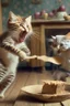 Placeholder: mother cat chasing baby cat with wooden spoon eating cake with wooden spoon at 70th bithday party